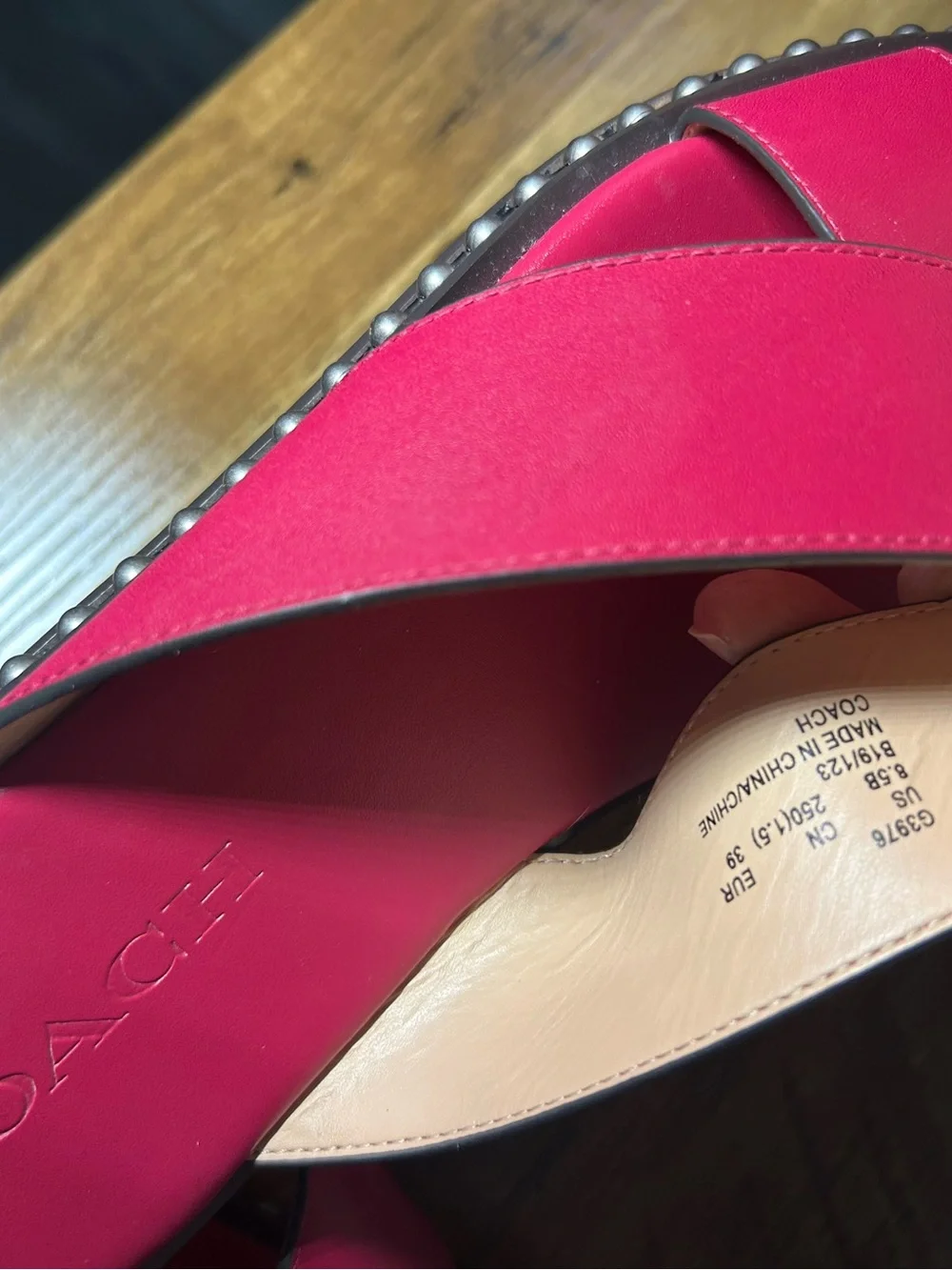 Coach Burgundy Cross-Strap Pearl-Trim Slide Sandals